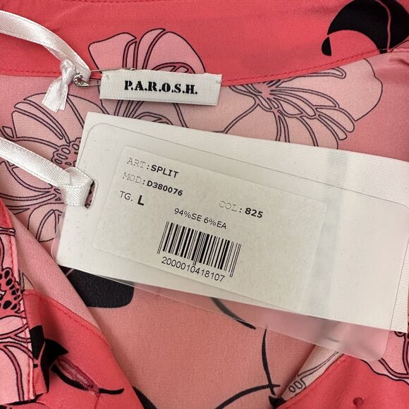 P.A.R.O.S.H. Womens Feminine Floral Pink Button Up Short Sleeve Silk Blouse Sz L - Picture 12 of 15
